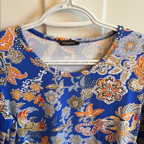 J. McLaughlin Blue & Orange Floral Bird Top, size M - Picture 2 of 8